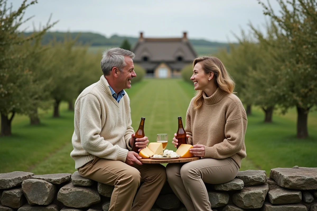 Couple savourant fromages normands et cidre dans un verger de pommiers traditionnel avec une ferme à toit de chaume en arrière-plan