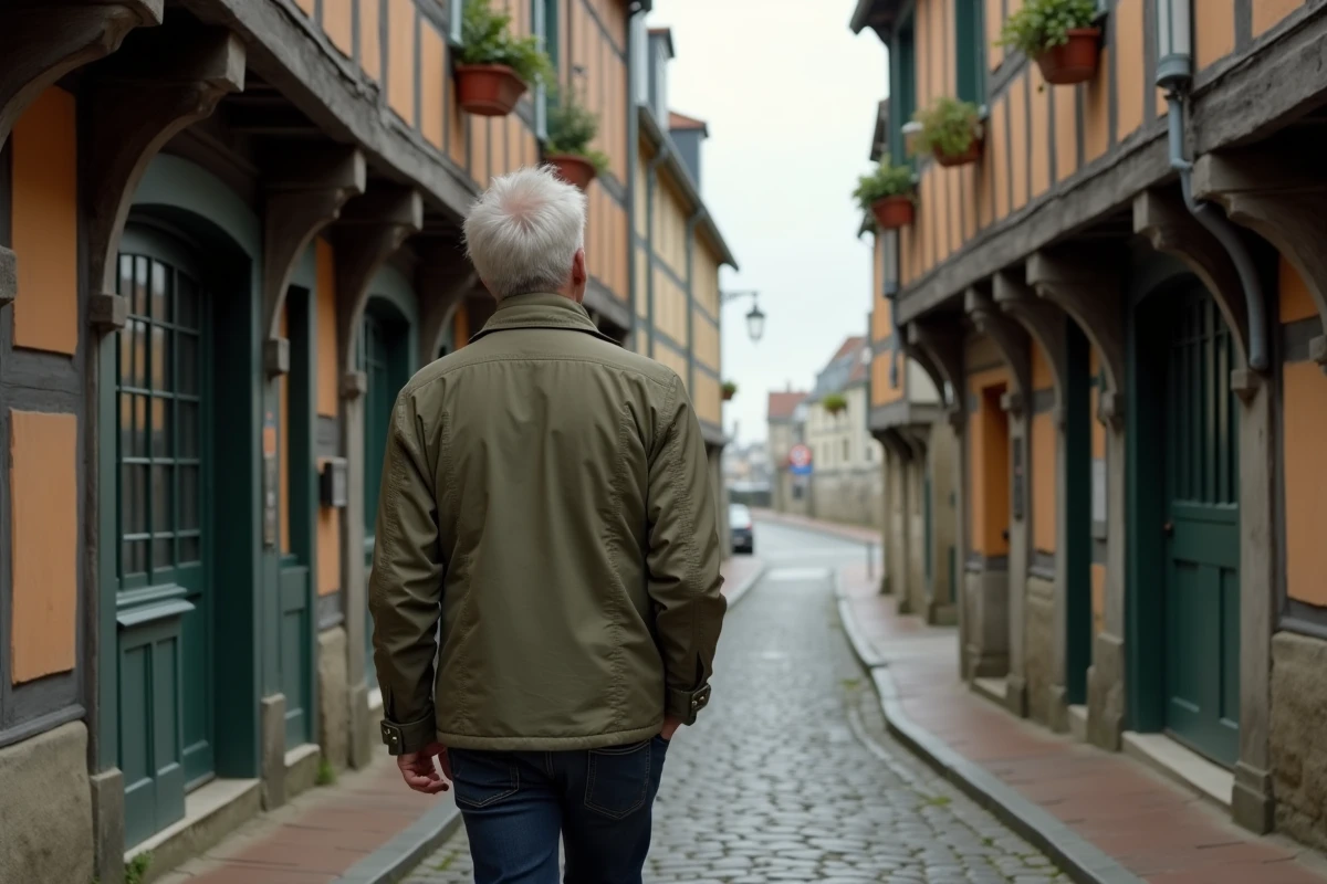 Homme explorant une ruelle pavée du Vieux-Honfleur avec vue sur les maisons à colombages et le port normand