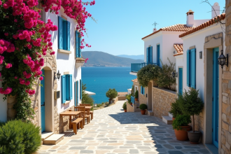 Village méditerranéen ensoleillé à Chypre avec maisons blanches et bougainvilliers