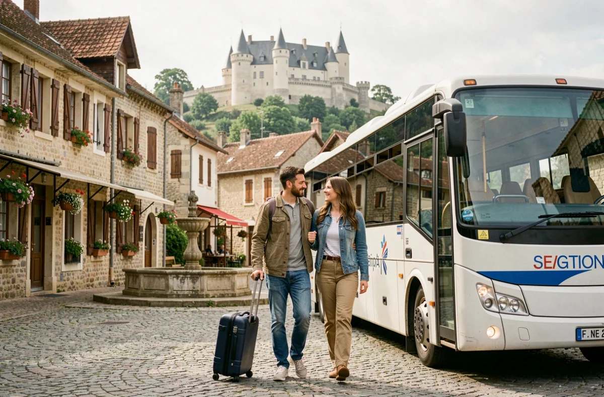 Couple de voyageurs descendant d'un bus régional dans un village français avec un château médiéval visible en arrière-plan