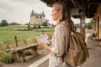 Femme avec sac à dos consultant son itinéraire sur un quai de gare de campagne française avec un château en arrière-plan