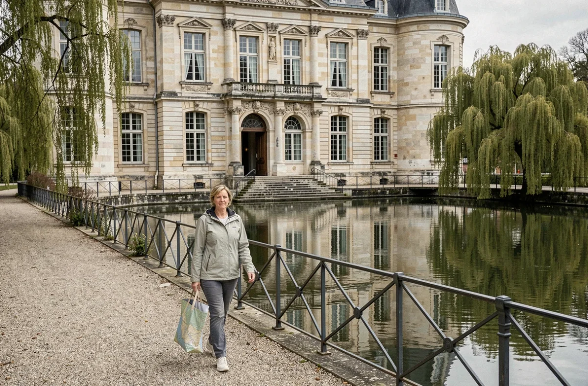 Femme marchant le long d'un chemin piéton au bord de l'eau en direction d'un château Renaissance français