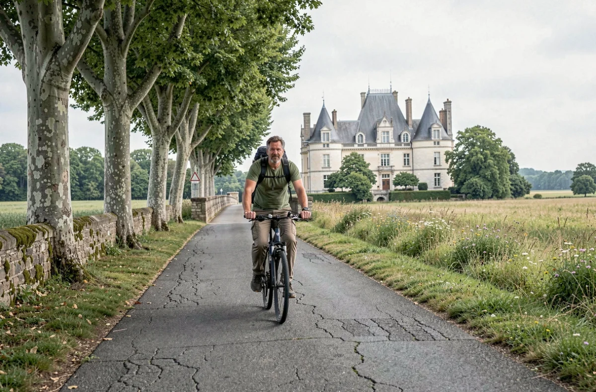 Cycliste sur une route de campagne française se dirigeant vers un château de la Loire accessible à vélo