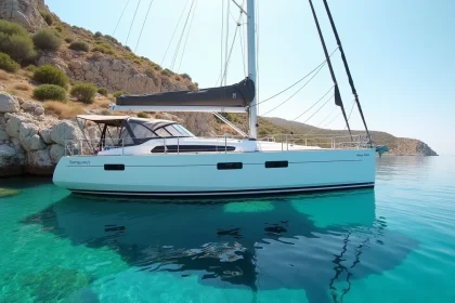 Voilier blanc ancré dans une crique turquoise près de Porto Cervo en Sardaigne, avec falaises de granit et végétation méditerranéenne en arrière-plan