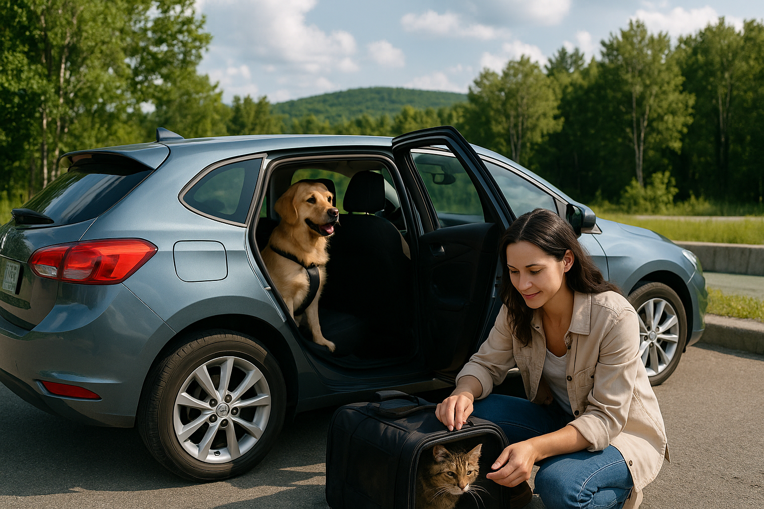 Femme sécurisant son chat dans une voiture au repos en pleine nature