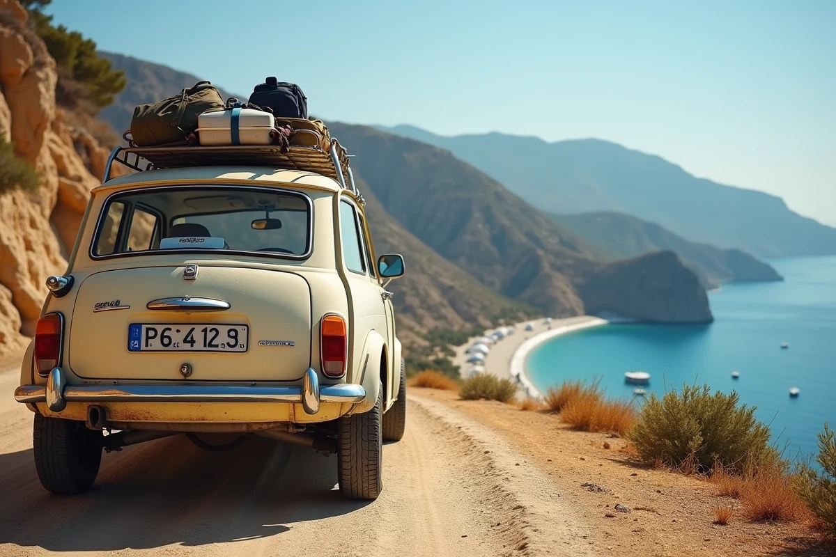 Voiture de road trip chargée garée sur une route côtière de Crète avec vue sur une plage et une chapelle blanche près d'Héraklion