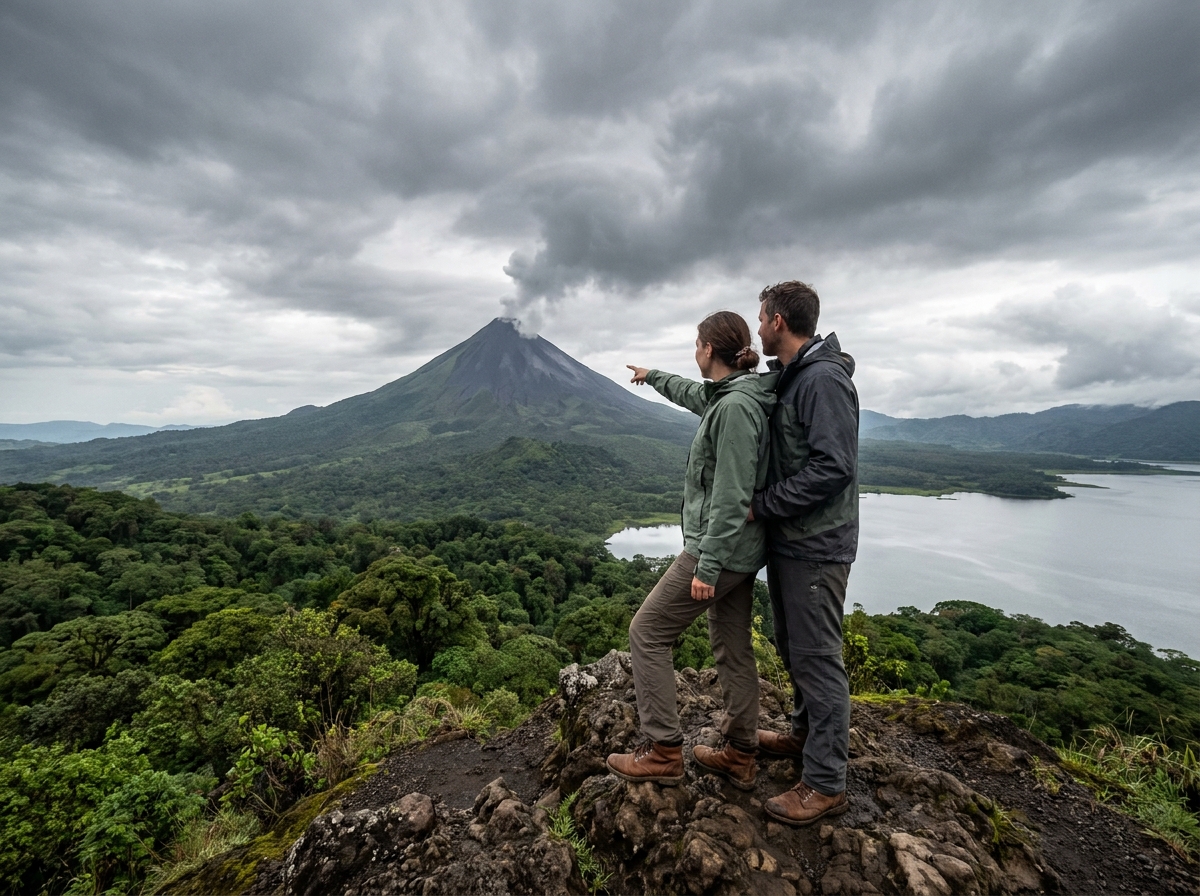 Couple observant le volcan Arenal depuis un belvédère dans la région de La Fortuna au Costa Rica