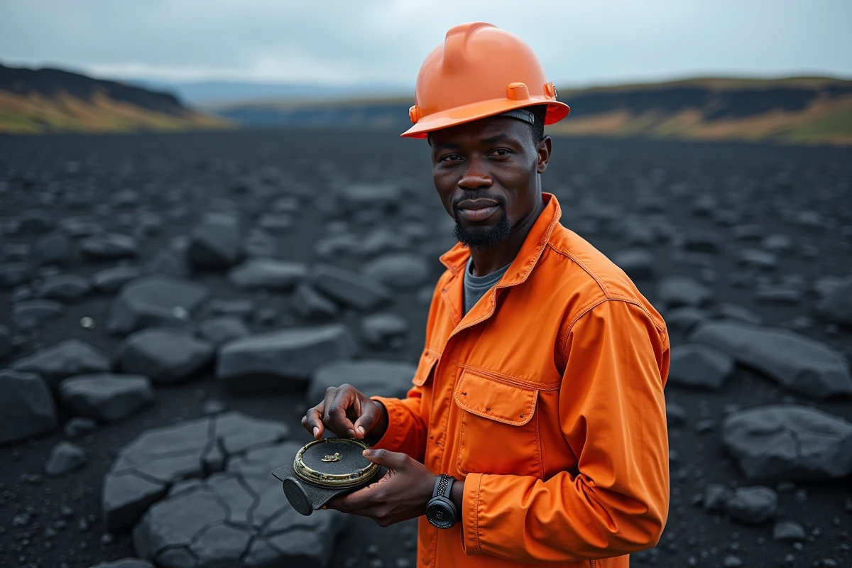 Volcanologue étudiant les champs de lave solidifiée du volcan Nyiragongo en République Démocratique du Congo