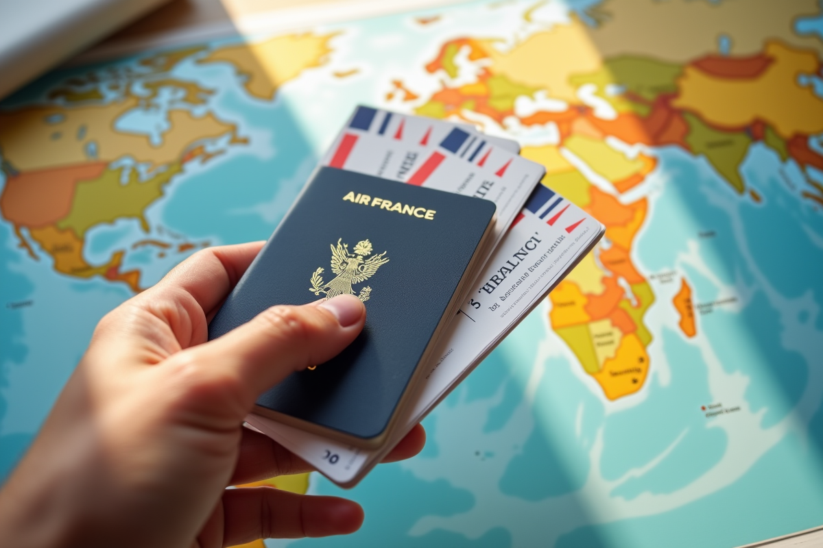 Main tenant bons de voyage et passeport sur carte du monde