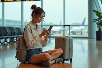 Jeune femme cherchant un voyage de dernière minute pas cher sur son smartphone dans un aéroport en août