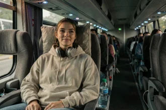 Jeune femme installée confortablement dans un bus de nuit entre Montréal et New York avec oreiller de voyage et écouteurs