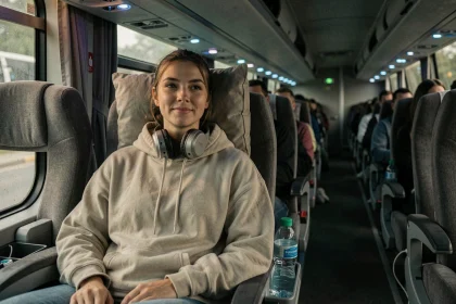 Jeune femme installée confortablement dans un bus de nuit entre Montréal et New York avec oreiller de voyage et écouteurs