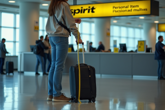 Voyageur mesurant son petit bagage à l'aéroport près du comptoir Spirit