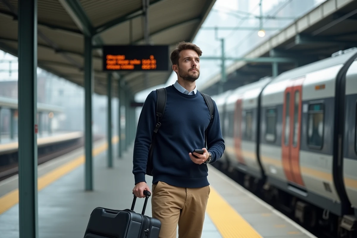 Voyageur consultant son pass Eurorail sur smartphone devant un panneau de départs en gare européenne