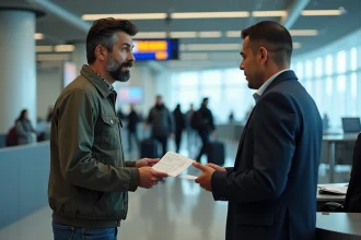 Homme voyageur présentant ses documents à un agent de douane