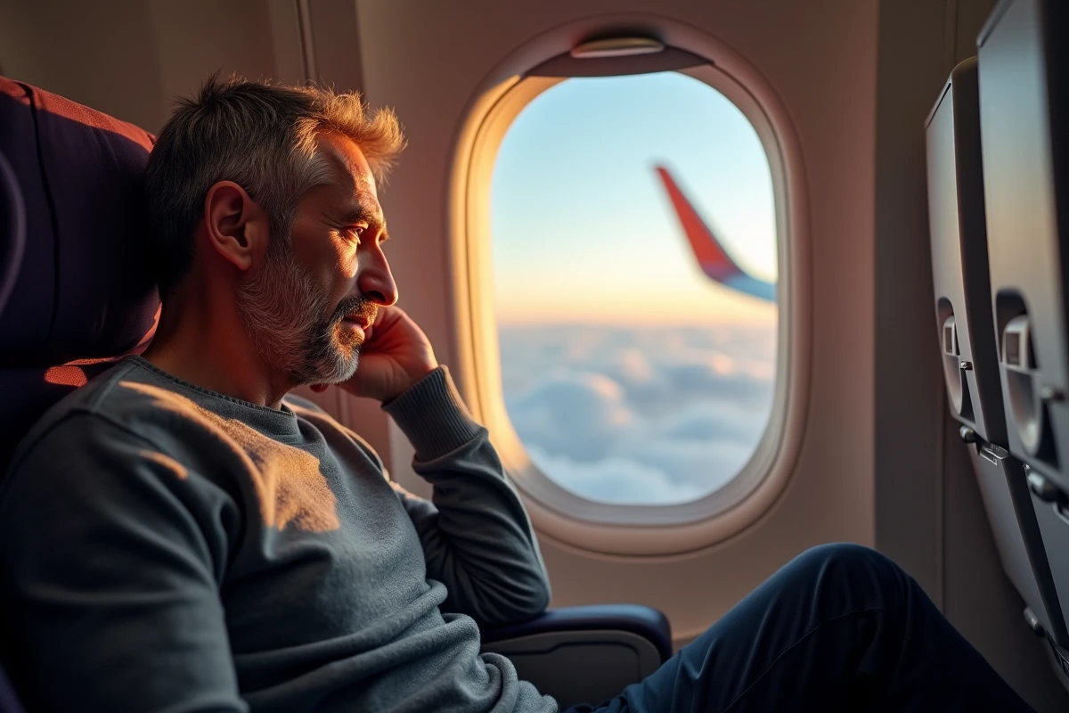 Voyageur fatigué regardant par le hublot d'un avion longue distance lors d'un vol Paris Hong Kong au-dessus des nuages