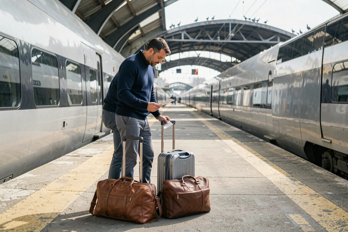 Voyageur sur le quai d'une gare avec bagage cabine et sac de voyage avant de prendre le train pour Venise