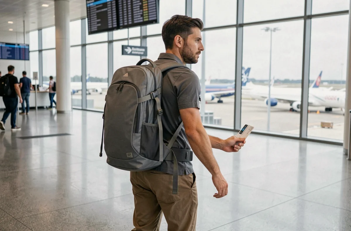 Voyageur masculin marchant dans un aéroport moderne avec un sac à dos de voyage en cabine pour éviter les frais de bagage
