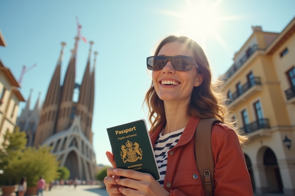 Voyageur souriant tenant un passeport français avec la Sagrada Familia en arrière-plan