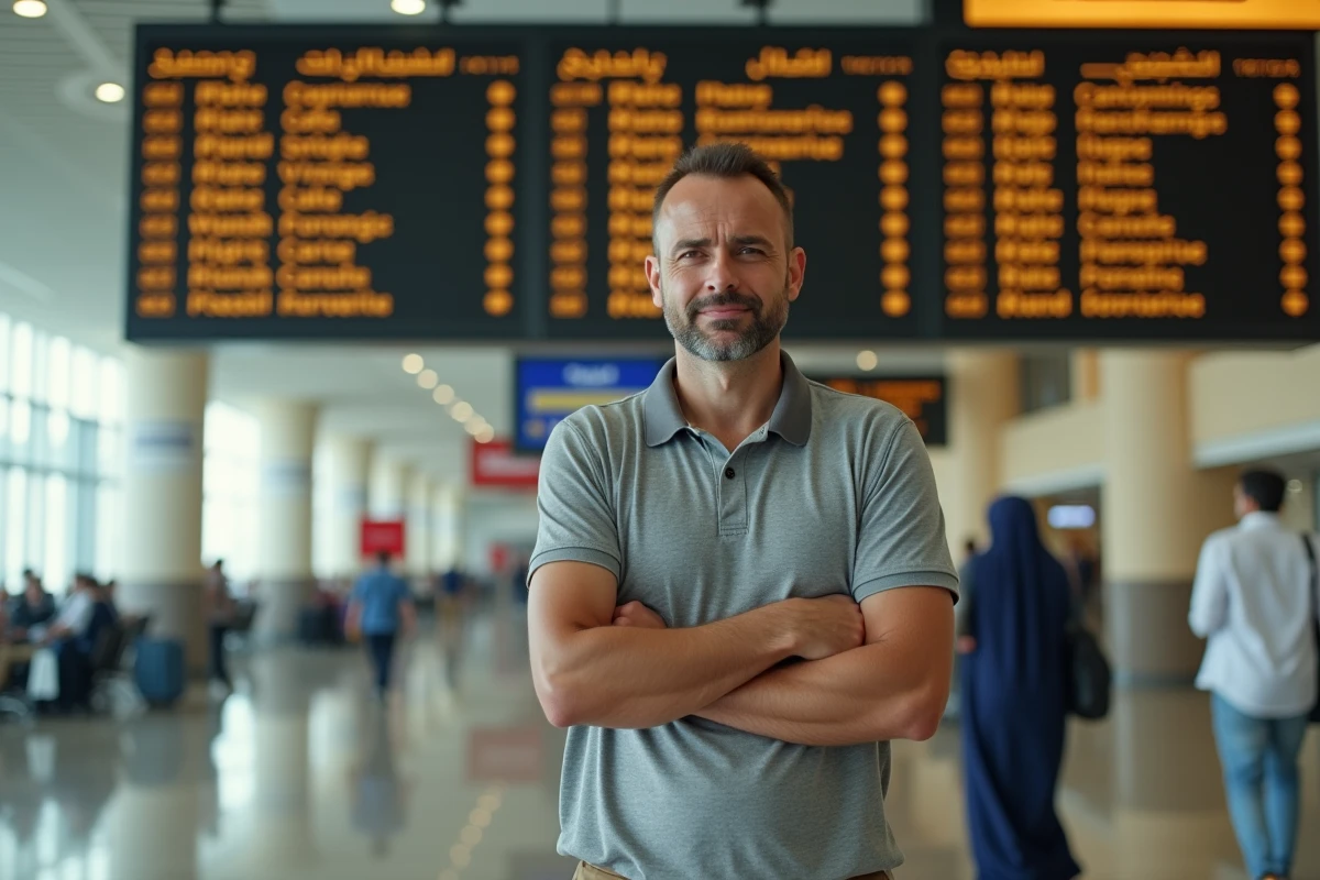 Voyageur consultant le tableau des départs à l'aéroport Al Massira d'Agadir face à des vols annulés ou retardés