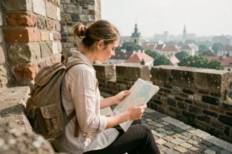 Jeune voyageuse avec un sac à dos consultant une carte devant la forteresse de Belgrade en Serbie