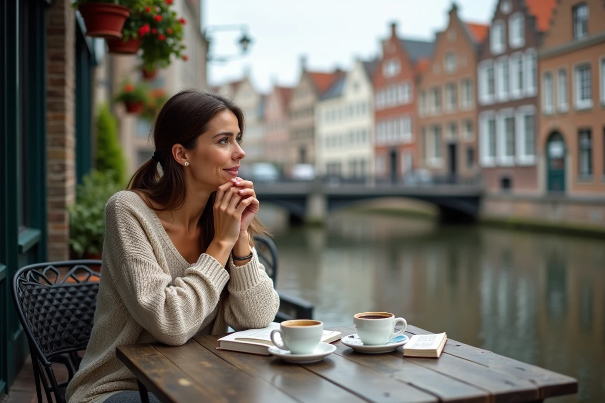 Voyageuse attablée dans un café en terrasse au bord du canal Korenlei à Gand