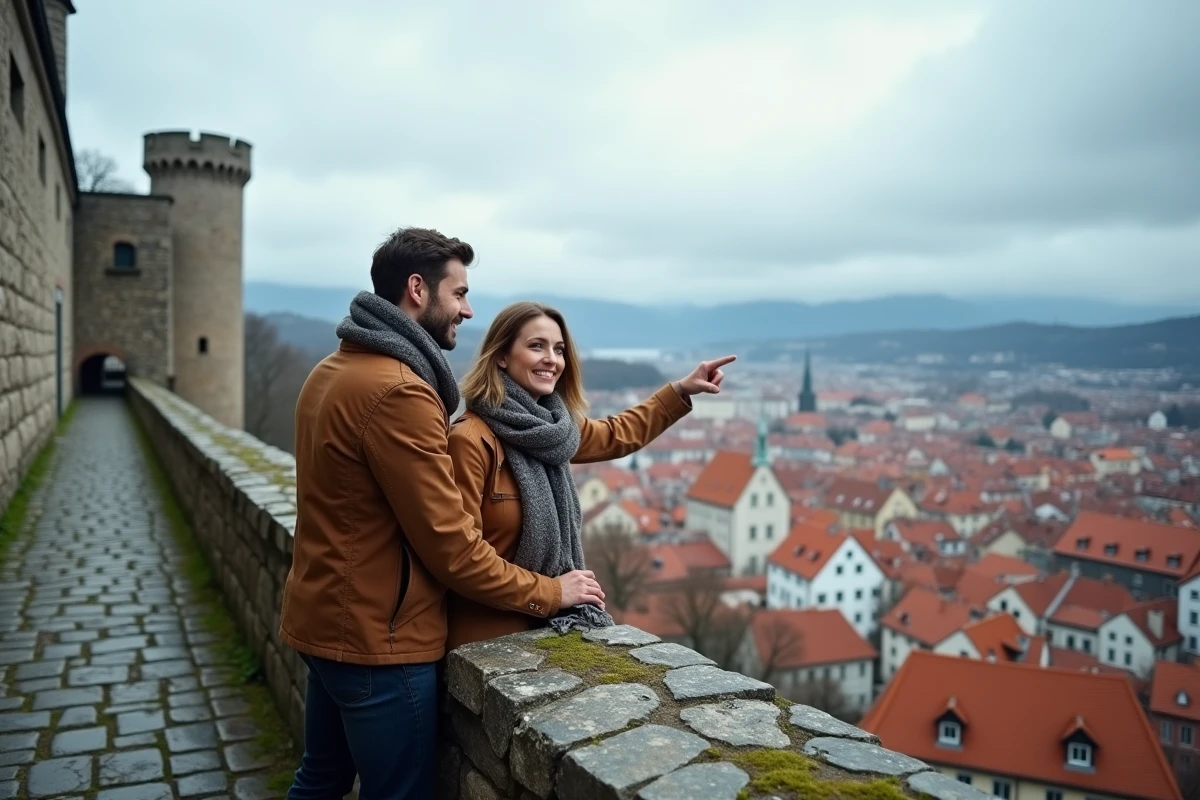Couple admirant la vue panoramique sur les toits de Ljubljana depuis la terrasse du château par un ciel nuageux d'automne