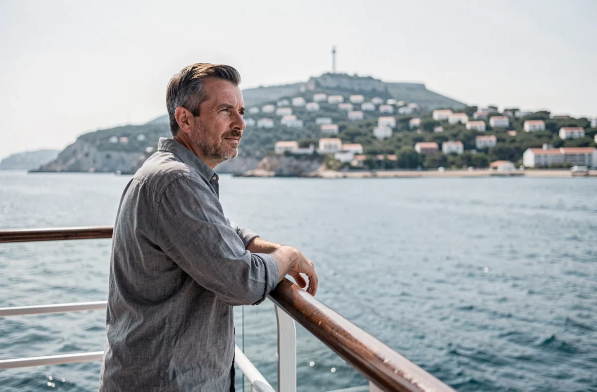 Passager contemplant la côte de Sète et l'étang de Thau depuis le pont d'un bateau de croisière
