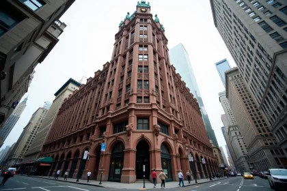 Vue en contre-plongée de la façade gothique du Woolworth Building à Manhattan avec ses ornements en terre cuite et sa couronne en cuivre vert
